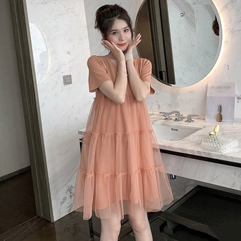 Бременна лятна рокля — кръгло деколте, 3/4 ръкави, полиестер, едноцветен принт, А‑линейна midi рокля