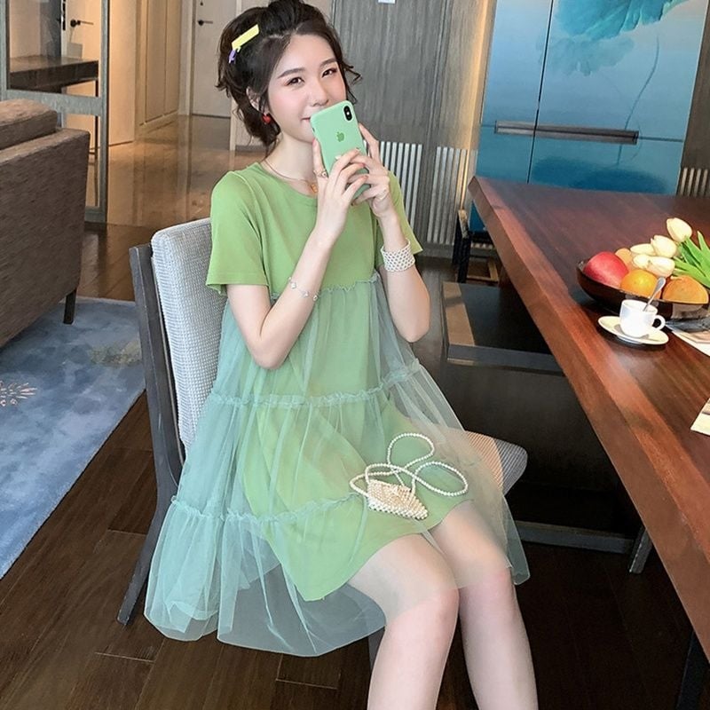 Бременна лятна рокля — кръгло деколте, 3/4 ръкави, полиестер, едноцветен принт, А‑линейна midi рокля