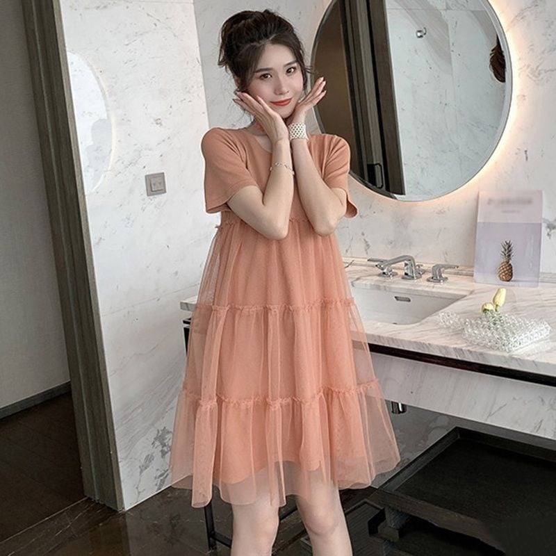 Бременна лятна рокля — кръгло деколте, 3/4 ръкави, полиестер, едноцветен принт, А‑линейна midi рокля