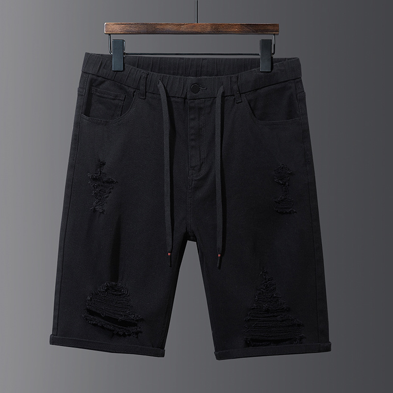 Pánske džínové šortky so strednou taliou, rovný strih, ošúchané okraje, 75% spandex, priedušné