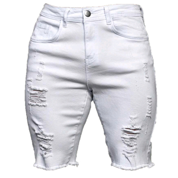 Pánske džínové šortky s roztrhnutými dierami, opotrebované okraje, rovný strih, stredný pás, zips