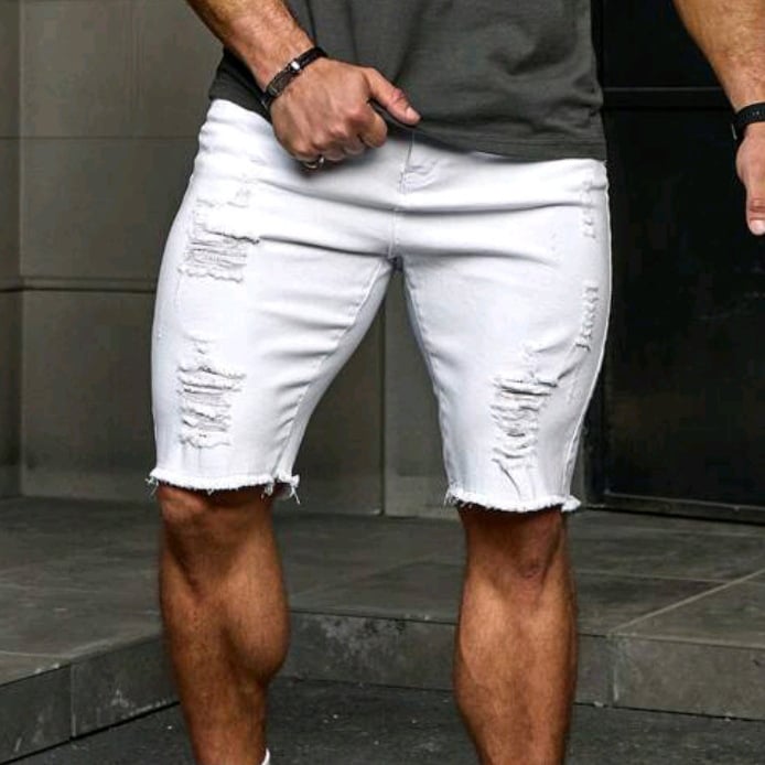Pánske džínové šortky s roztrhnutými dierami, opotrebované okraje, rovný strih, stredný pás, zips