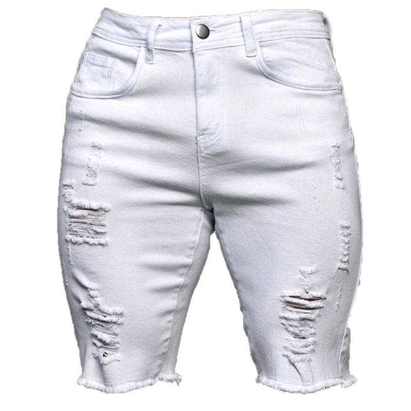 Pánske džínové šortky s roztrhnutými dierami, opotrebované okraje, rovný strih, stredný pás, zips