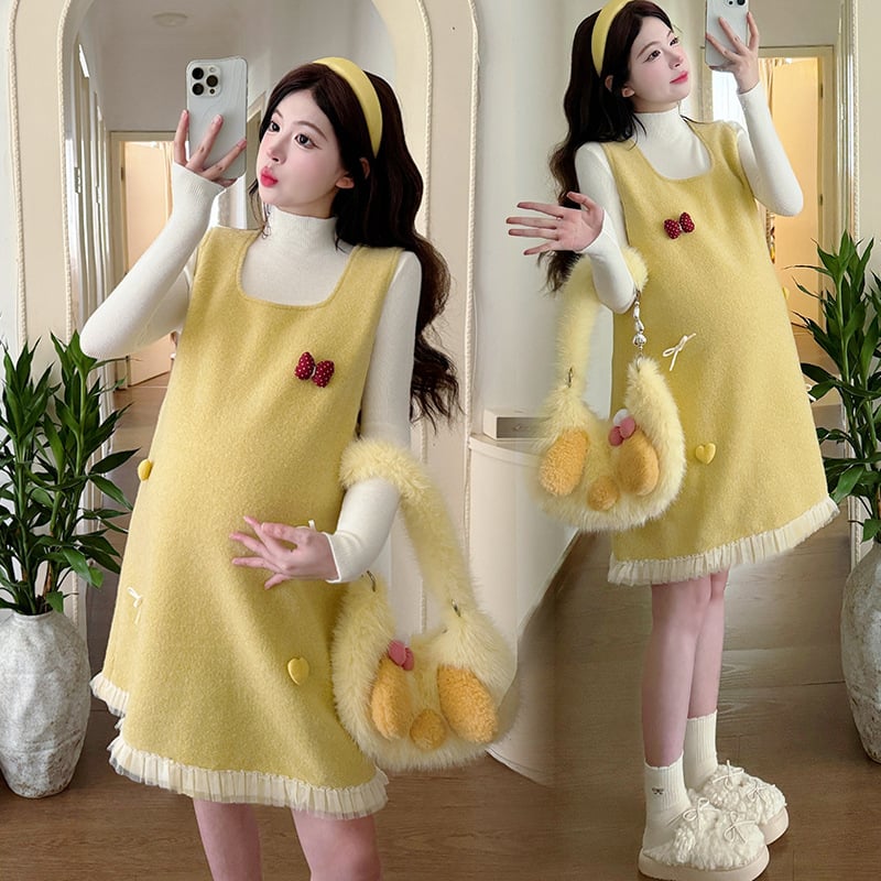 Бременска вълнена рокля за зима в комплект с рокля‑сърце и плетен базов топ, квадратен деколте, петалови ръкави, средна дължина