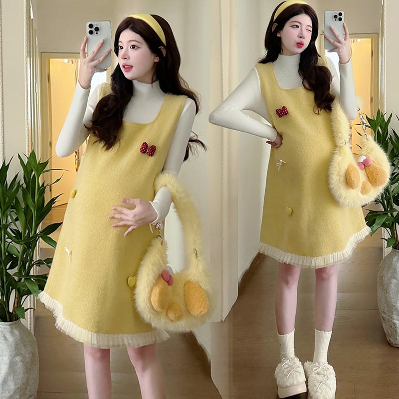 Бременска вълнена рокля за зима в комплект с рокля‑сърце и плетен базов топ, квадратен деколте, петалови ръкави, средна дължина