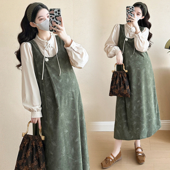 Рокля за бременни – кръгло деколте, дълги ръкави, средна дължина, 2025 японско-корейски стил