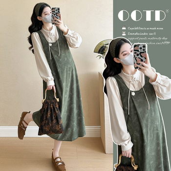 Рокля за бременни – кръгло деколте, дълги ръкави, средна дължина, 2025 японско-корейски стил