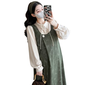 Рокля за бременни – кръгло деколте, дълги ръкави, средна дължина, 2025 японско-корейски стил