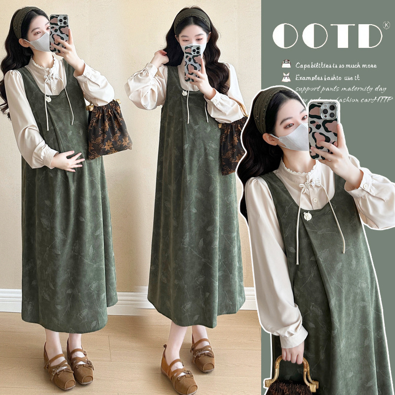 Рокля за бременни – кръгло деколте, дълги ръкави, средна дължина, 2025 японско-корейски стил