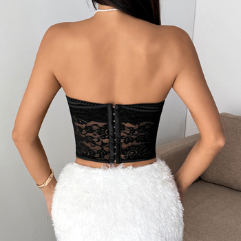 Top s výstrihom do V, úzky strih, čipkovaná látka, kvetinový vzor, ultra krátka dĺžka ≤40 cm