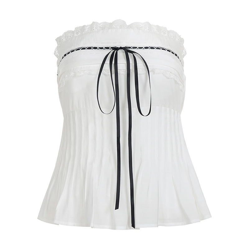 Bez naramenice bandeau top s mašnicom, čipkastim dijelom i plisiranim detaljima — Slim fit, 95% poliestera, Ljeto 2025