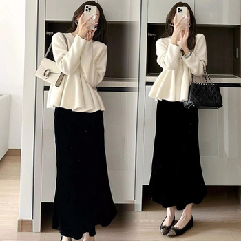 Trudnički jesenji set: top s dugim rukavima i pletena suknja za pokrivanje trbuha, mršav silueta, Spandex ispod 30%