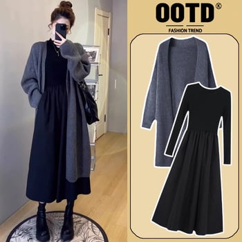 Dvojdielny tehotenský set: šaty s kardigánom z bavlny, dlhý rukáv, umelecko-retro štýl, obsah bavlny 30-50%