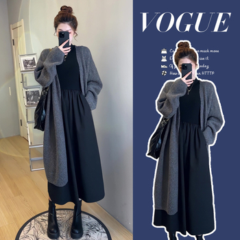 Dvojdielny tehotenský set: šaty s kardigánom z bavlny, dlhý rukáv, umelecko-retro štýl, obsah bavlny 30-50%