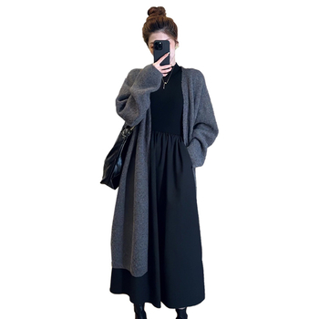 Dvojdielny tehotenský set: šaty s kardigánom z bavlny, dlhý rukáv, umelecko-retro štýl, obsah bavlny 30-50%