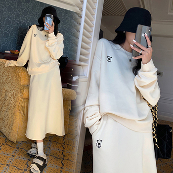 Trudnički dvodijelni set: pulover s okruglim izrezom i labav kaput + suknja A-kroja s visokim strukom, opuštenog japansko-korejskog stila, jesen-zima 2025