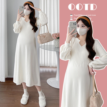 Рокля за кърмене с V-образно деколте, Raglan ръкави, плетена материя, дълга русалска пола, достъп за кърмене