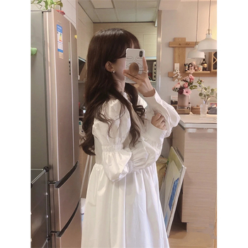 Майчина рокля с A-образна линия, миди дължина, дълги ръкави, висока талия, без яка, памучно-полиестерна смес (70-80% полиестер)