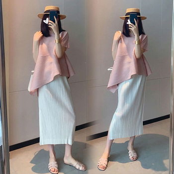 Majčinski ljetni komplet: top i suknja u korejskom stilu, šifon poliester 70–80%, rukavi 3/4, jednofarbni uzorak