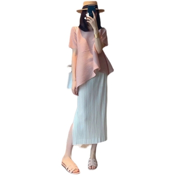 Majčinski ljetni komplet: top i suknja u korejskom stilu, šifon poliester 70–80%, rukavi 3/4, jednofarbni uzorak