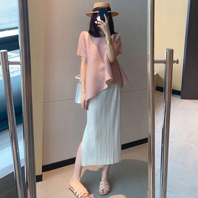 Majčinski ljetni komplet: top i suknja u korejskom stilu, šifon poliester 70–80%, rukavi 3/4, jednofarbni uzorak