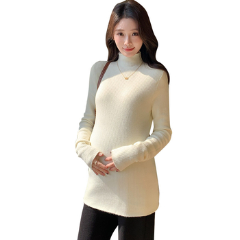 Trudnička pletena majica s visokim ovratnikom i fleece-om, topla za jesen-zimu, uskog kroja