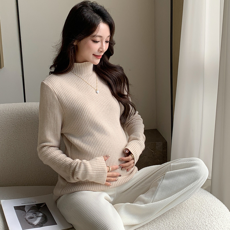 Trudnička pletena majica s visokim ovratnikom i fleece-om, topla za jesen-zimu, uskog kroja