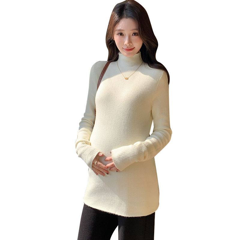 Trudnička pletena majica s visokim ovratnikom i fleece-om, topla za jesen-zimu, uskog kroja