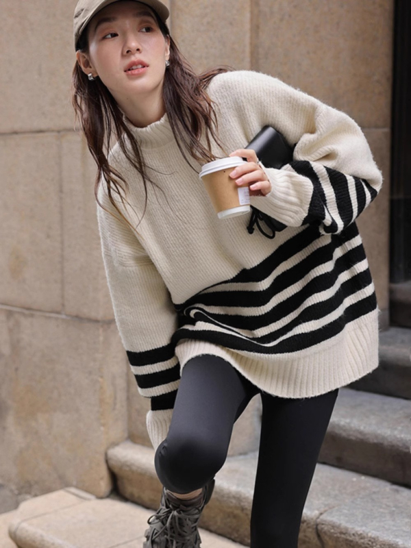 Trudnički pleteni džemper – korejski casual stil, srednja duljina, okrugli ovratnik, dugi rukavi, prugasto mrežasti uzorak, poliester tkanina (90–95%)