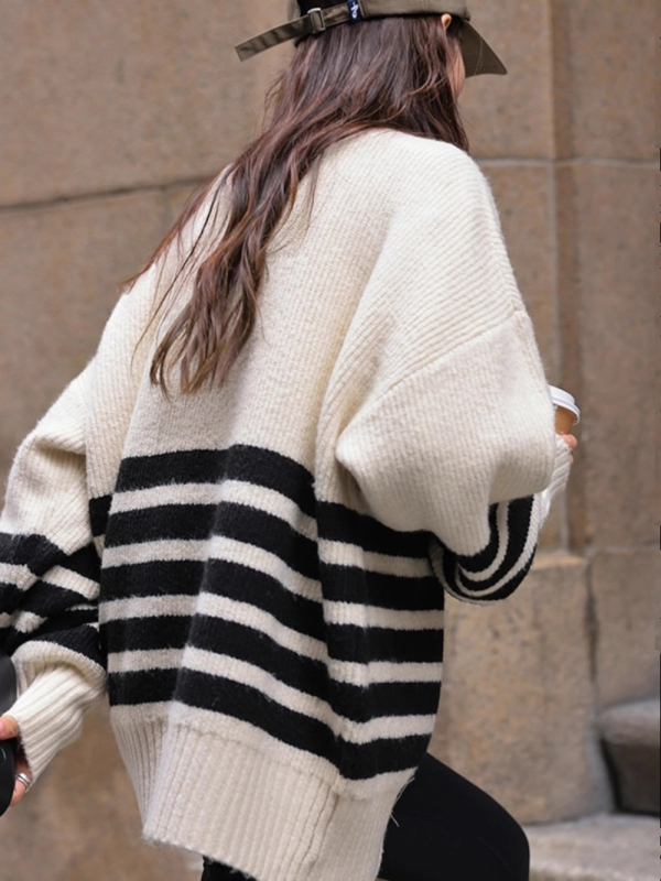 Trudnički pleteni džemper – korejski casual stil, srednja duljina, okrugli ovratnik, dugi rukavi, prugasto mrežasti uzorak, poliester tkanina (90–95%)