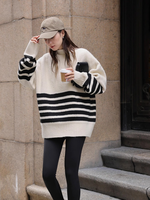 Trudnički pleteni džemper – korejski casual stil, srednja duljina, okrugli ovratnik, dugi rukavi, prugasto mrežasti uzorak, poliester tkanina (90–95%)