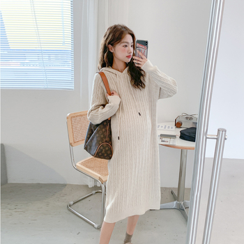 Trudnička pletena haljina s kapuljačom, jesensko-zimski stil, korejski stil, opušten kroj, dugi rukavi, kabelski uzorak, materijal viskoza s 70–80% poliesterom