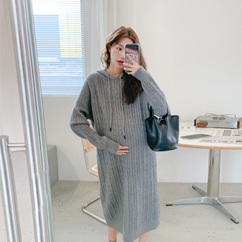 Trudnička pletena haljina s kapuljačom, jesensko-zimski stil, korejski stil, opušten kroj, dugi rukavi, kabelski uzorak, materijal viskoza s 70–80% poliesterom