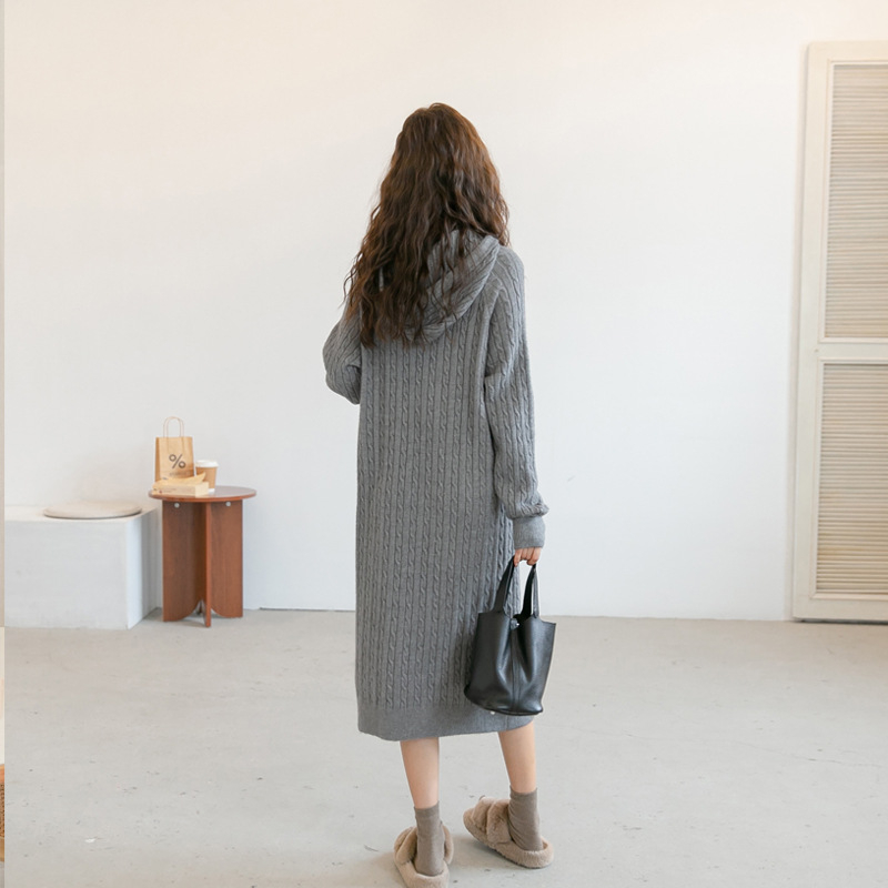Trudnička pletena haljina s kapuljačom, jesensko-zimski stil, korejski stil, opušten kroj, dugi rukavi, kabelski uzorak, materijal viskoza s 70–80% poliesterom