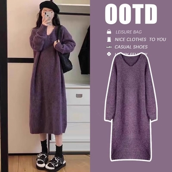 Trudnička haljina za jesen-zimu, V izrez, slobodan kroj, 3/4 rukavi, TR tkanina