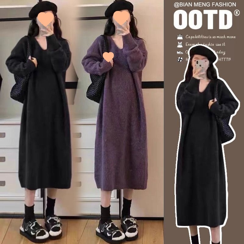 Trudnička haljina za jesen-zimu, V izrez, slobodan kroj, 3/4 rukavi, TR tkanina