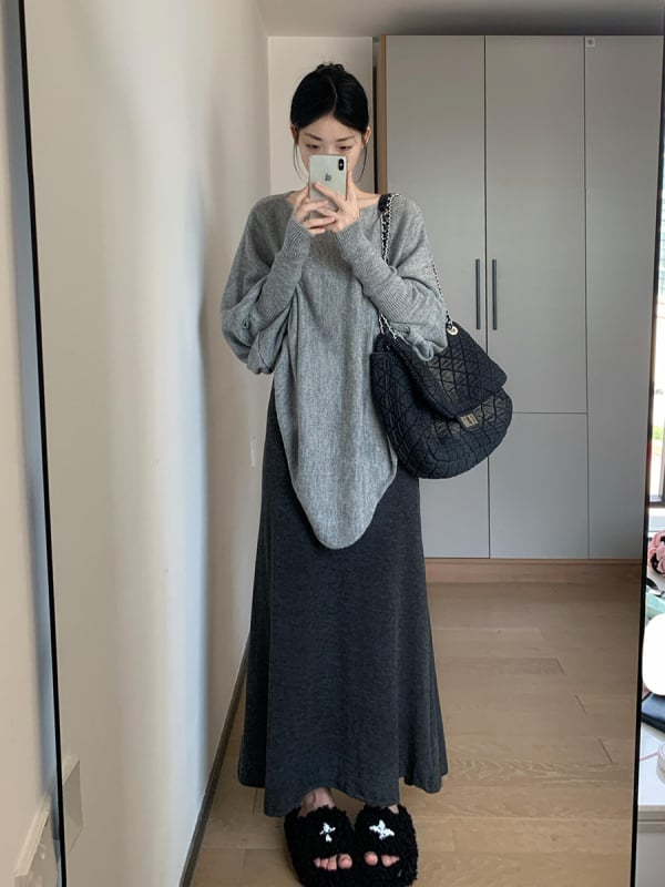 Trudnički set za jesen/zimu: asimetričan pleteni top i suknja, Chenille tkanina s elastanom <30%, japansko-korejski ležerni stil