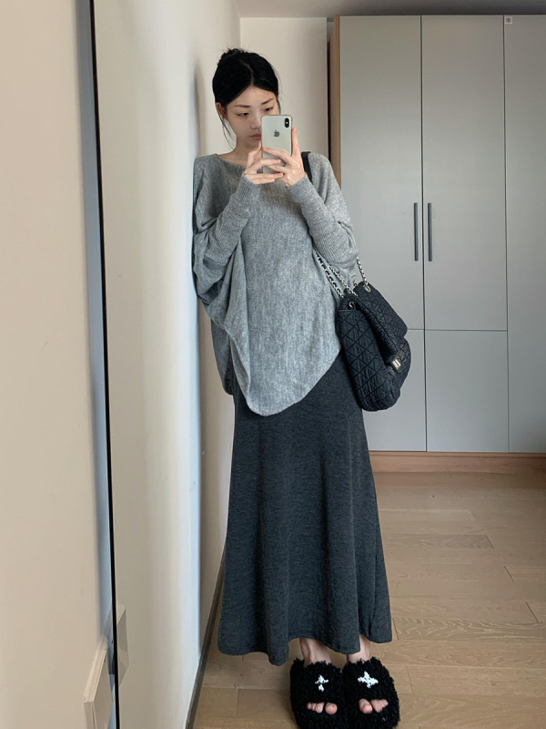 Trudnički set za jesen/zimu: asimetričan pleteni top i suknja, Chenille tkanina s elastanom <30%, japansko-korejski ležerni stil