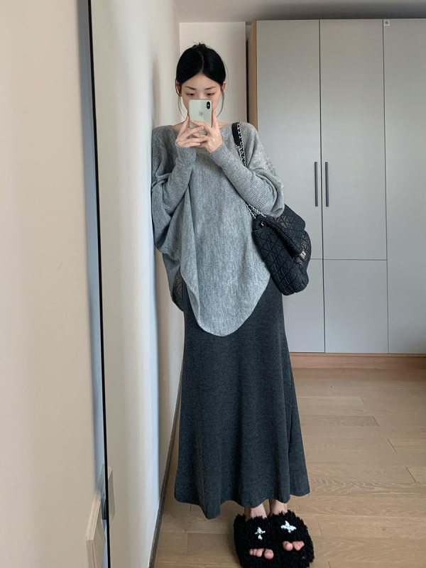 Trudnički set za jesen/zimu: asimetričan pleteni top i suknja, Chenille tkanina s elastanom <30%, japansko-korejski ležerni stil