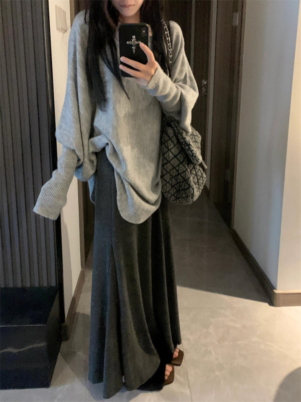 Trudnički set za jesen/zimu: asimetričan pleteni top i suknja, Chenille tkanina s elastanom <30%, japansko-korejski ležerni stil