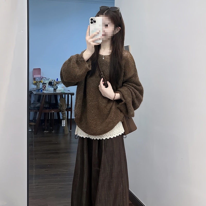 Trudnički dvodijelni set za jesen-zimu, korejskog stila, opušteni kroj, pleteni pulover s polo ovratnikom i 3/4 rukavima, PVC tkanina 90–95%, duga široke hlače