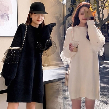 Set za trudnice od pletenog materijala – labav kroj, rukavi 3/4, polo ovratnik, retro kineski stil, PVC tkanina 50–70%