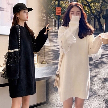 Set za trudnice od pletenog materijala – labav kroj, rukavi 3/4, polo ovratnik, retro kineski stil, PVC tkanina 50–70%