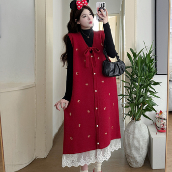 Trudnički pleteni set: vestica i suknja s čipkastim vezom, dugi rukavi, pamuk 70–80%, 2022, japansko-korejski ležerni stil