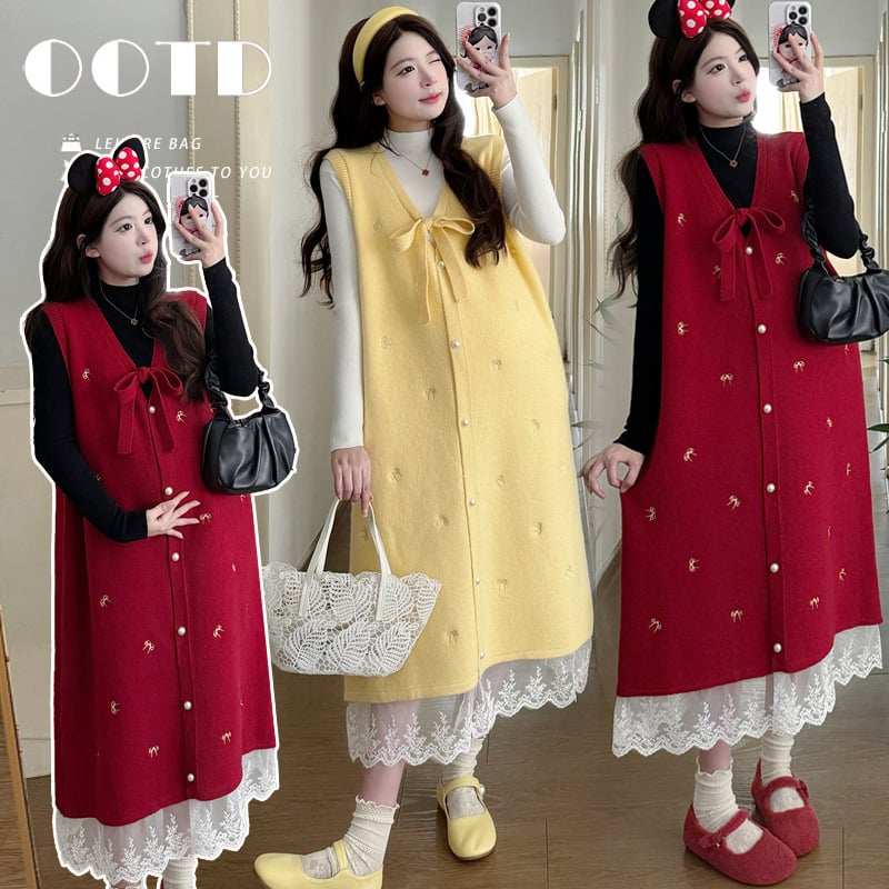 Trudnički pleteni set: vestica i suknja s čipkastim vezom, dugi rukavi, pamuk 70–80%, 2022, japansko-korejski ležerni stil