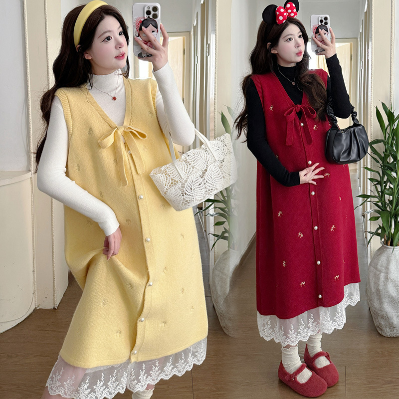 Trudnički pleteni set: vestica i suknja s čipkastim vezom, dugi rukavi, pamuk 70–80%, 2022, japansko-korejski ležerni stil