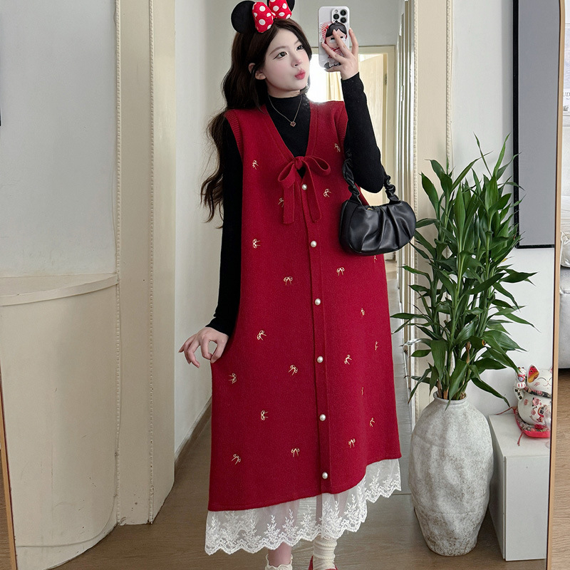 Trudnički pleteni set: vestica i suknja s čipkastim vezom, dugi rukavi, pamuk 70–80%, 2022, japansko-korejski ležerni stil