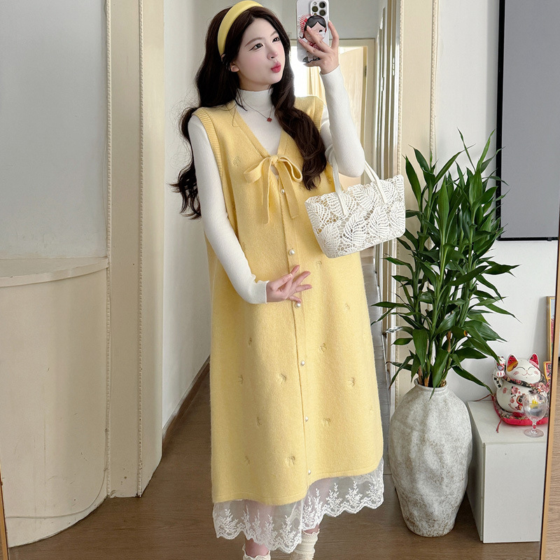 Trudnički pleteni set: vestica i suknja s čipkastim vezom, dugi rukavi, pamuk 70–80%, 2022, japansko-korejski ležerni stil