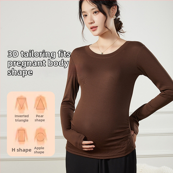 Nėščiųjų pagrindinis viršus pavasariui ir rudeniui, viskozė (90–95%), su iki 30% spandekso, 3/4 rankovės, apvali kaklo linija, vidutinio ilgio