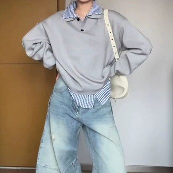 Plus veličine američki retro pleteni džemper s kvadratnim ovratnikom i lažnim dvodijelnim ovratnikom, preppy stil, široka silueta, 3/4 rukav, 3D ukras i šivanje PVC ≤30%